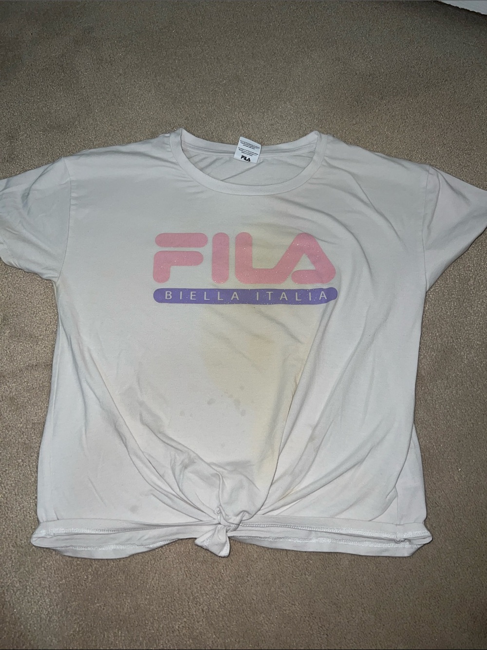 FILA White Short Sleeve Tie-Front Tee with Pink & Purple Logo